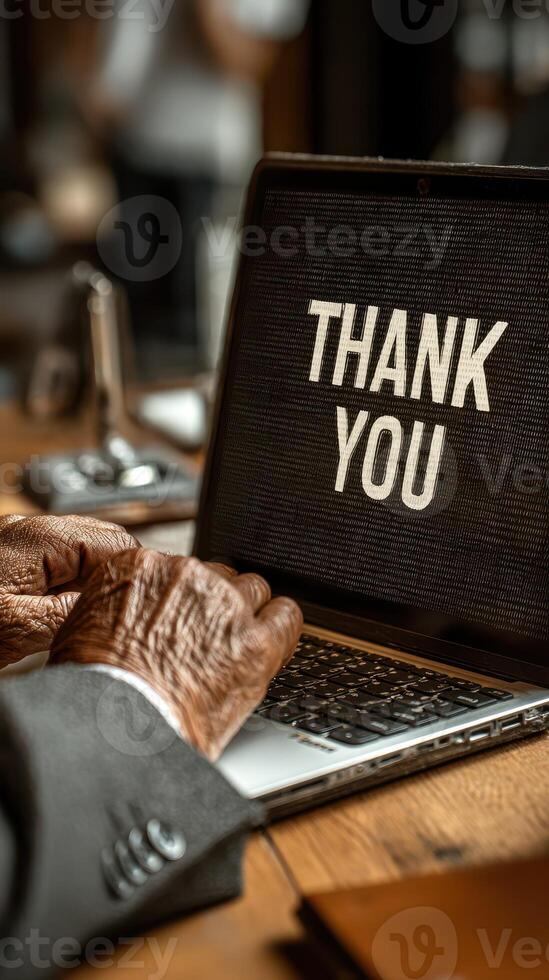 Thank you message displayed on laptop screen as hands type on keyboard in a warm office setting photo