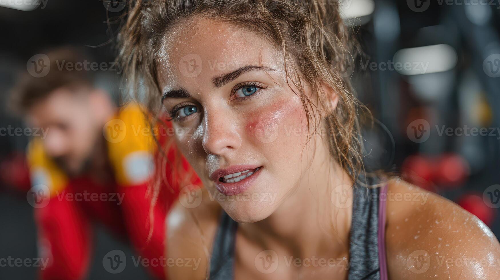 Woman exercises intensely in a gym, showcasing determination and focus during a workout session photo