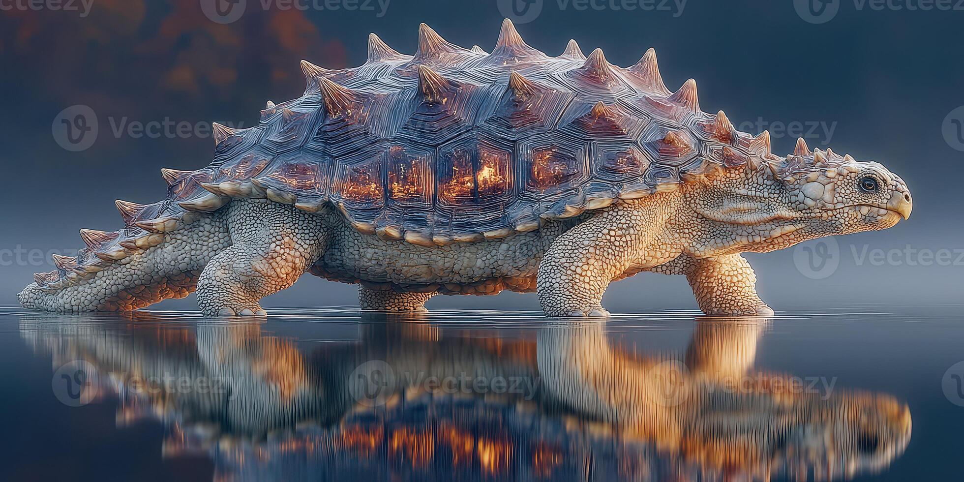 Detailed depiction of a unique tortoise walking through calm water in a serene environment during twilight photo