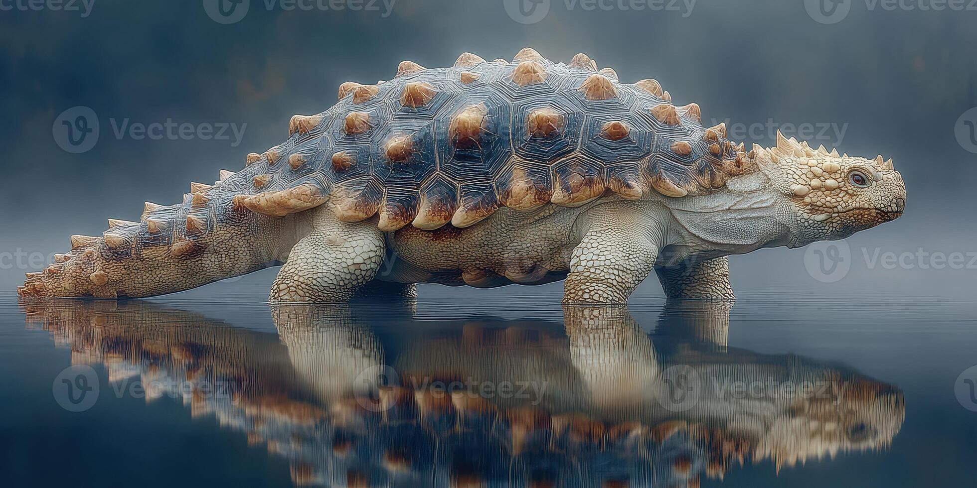 Unique spiked tortoise walking along a reflective water surface in a misty environment during early morning hours photo