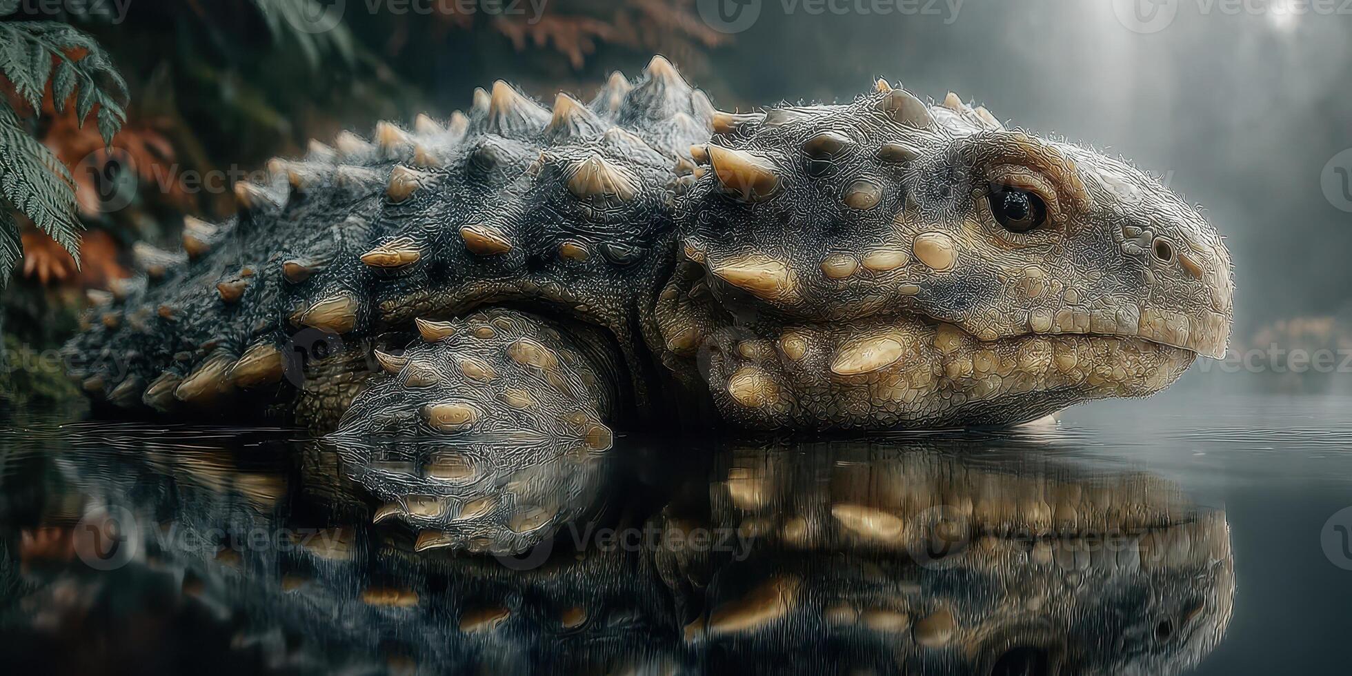 Unusual amphibian-like creature resting near a tranquil body of water in a misty forest environment photo