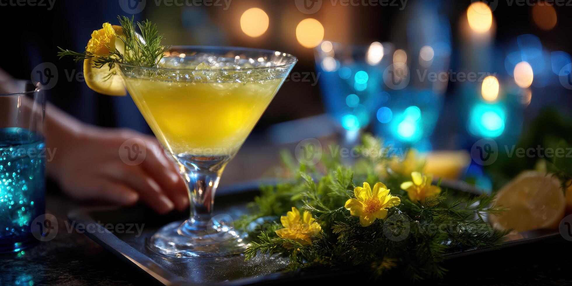 Colorful cocktail with bright garnish served on a tray in a lively bar setting during the evening photo