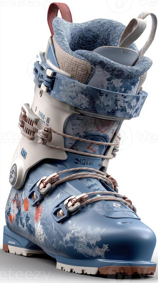 Ski boot designed for performance, featuring floral patterns and advanced technology for optimal comfort and style photo