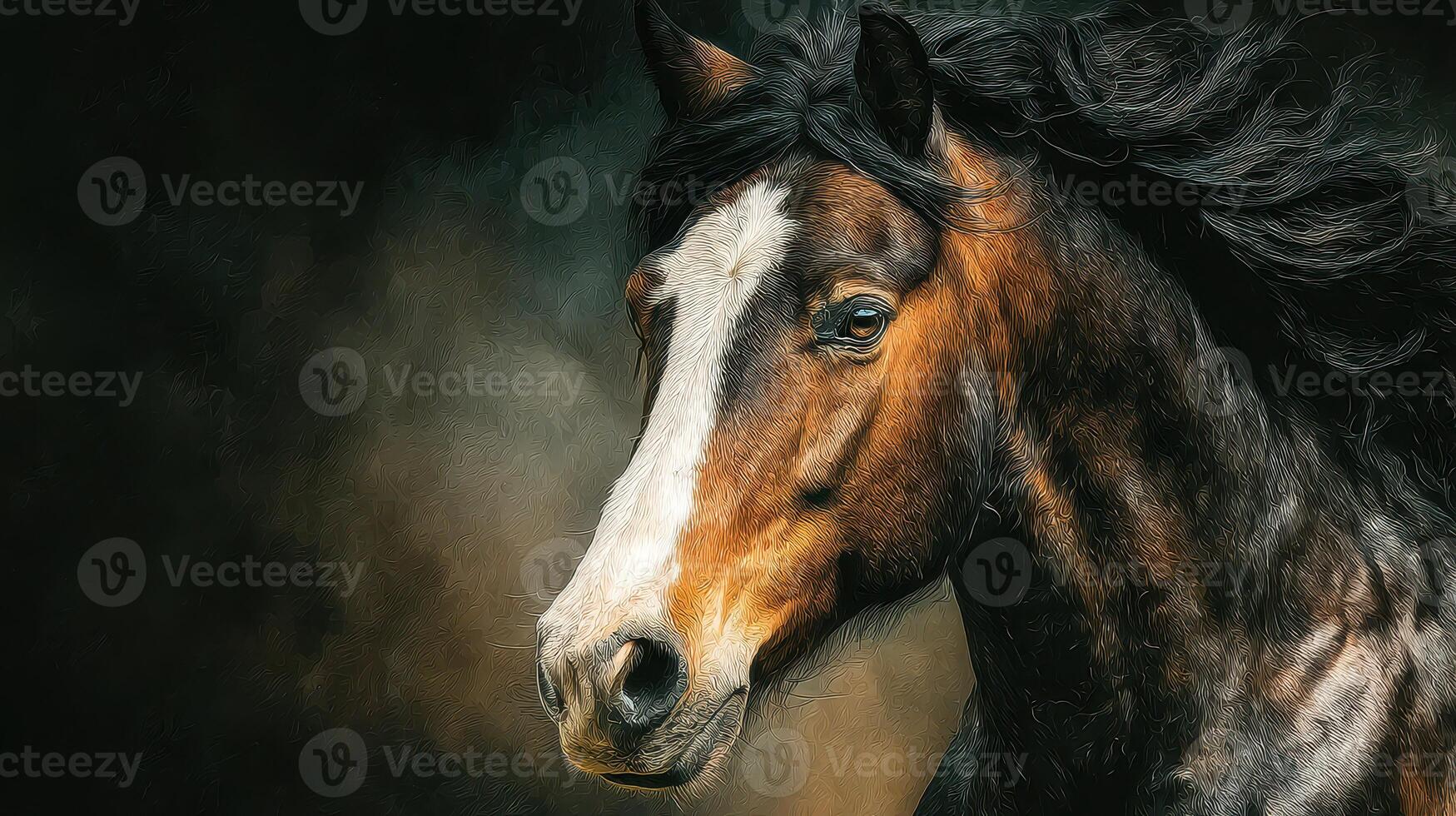 Majestic horse portrait captured in soft light showcasing details of its mane and expressive features photo