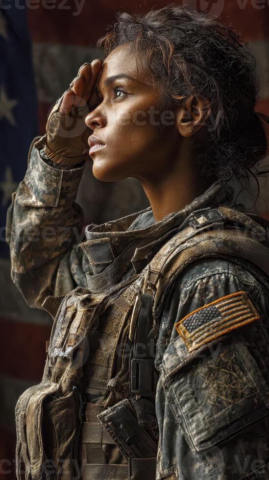 Soldier saluting with pride in front of an American flag during a military ceremony photo