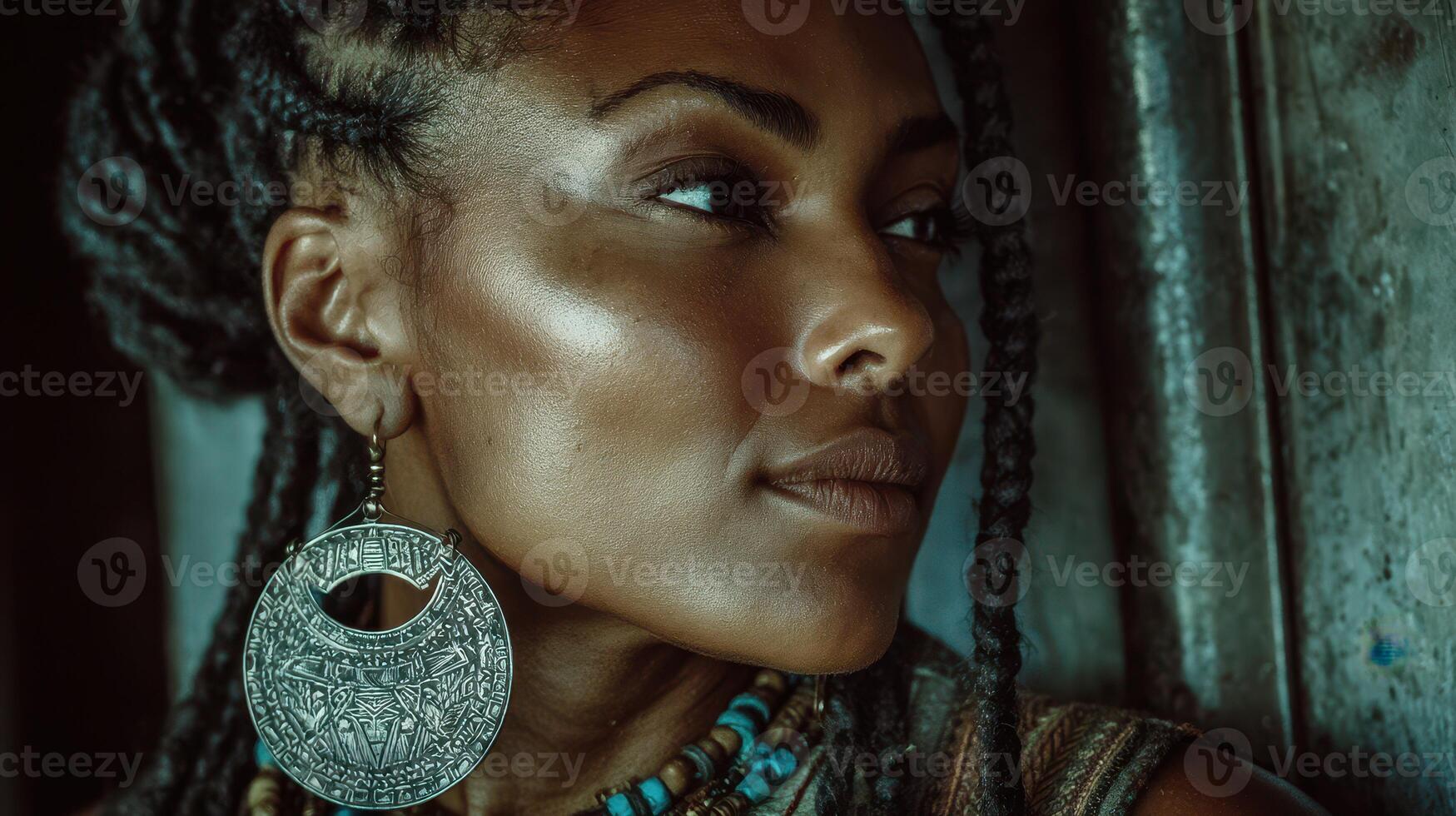 Beautiful woman with braided hair and large earrings in an artistic portrait against a textured background photo