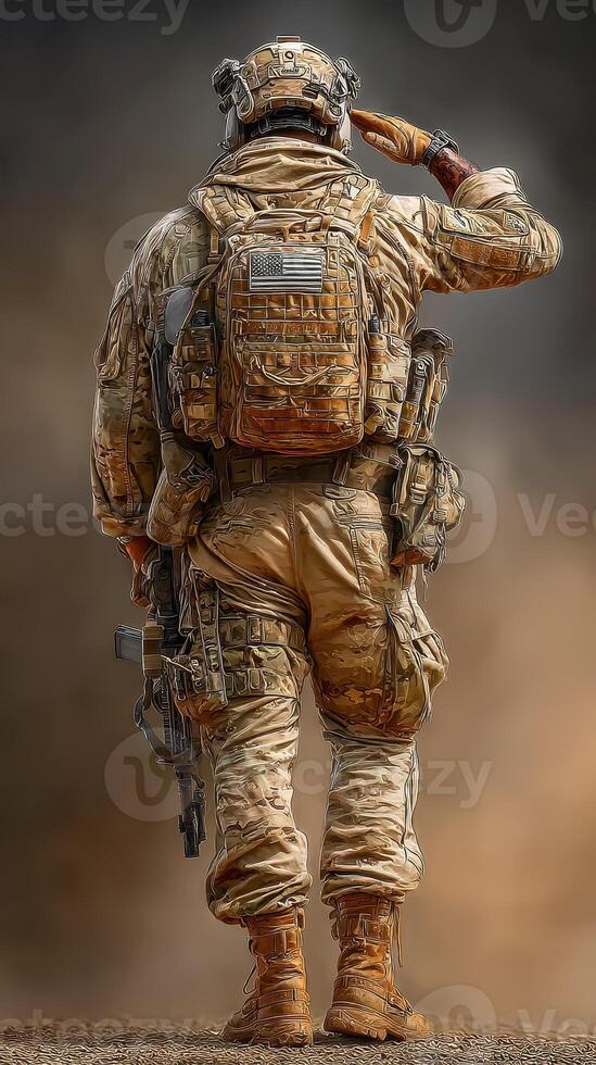 Soldier saluting in tactical gear against a dusty background at sunset during a military operation photo