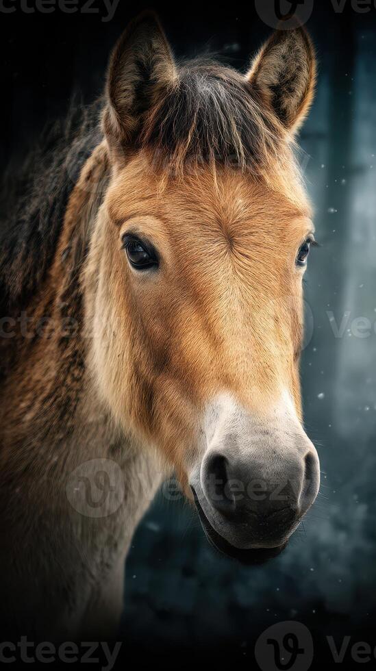 Close-up view of a majestic horse in a serene winter setting, showcasing its expressive features and mane photo