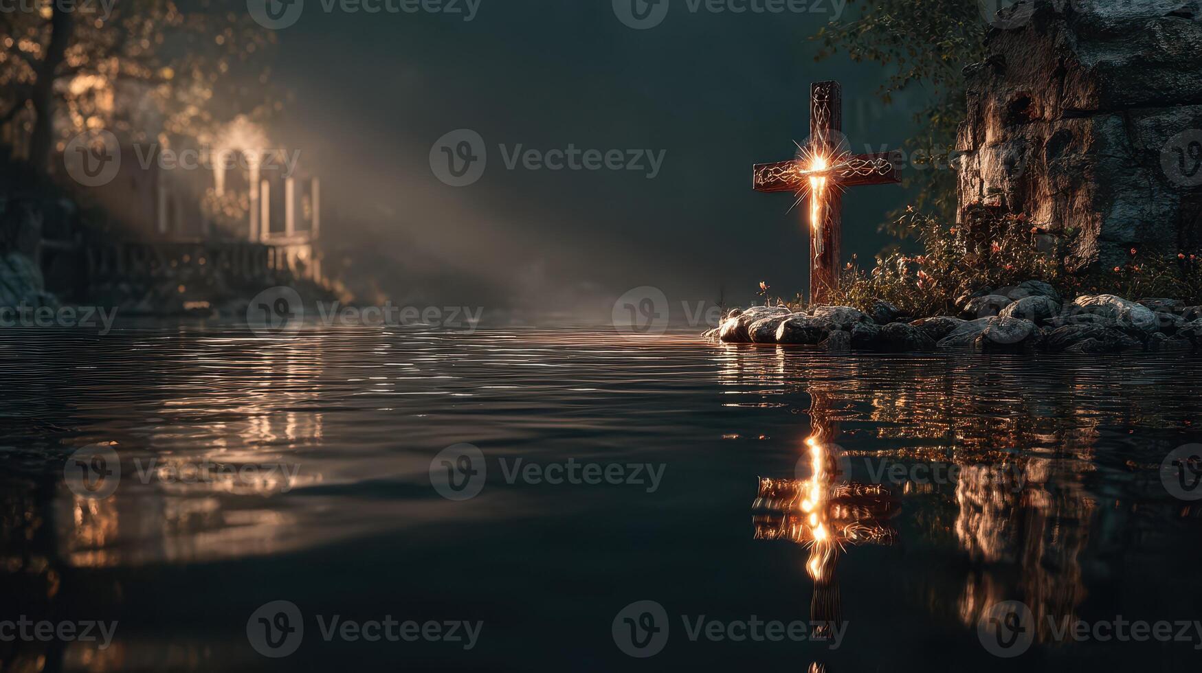 Reflection of light on water with a cross and ancient structures during twilight in a serene environment photo