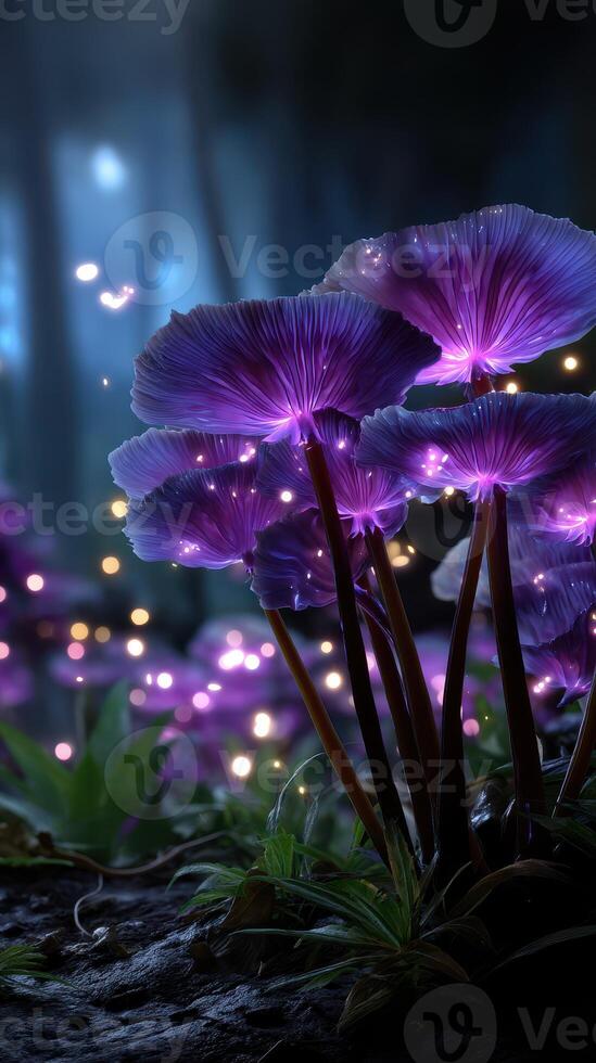 Colorful mushrooms emit a mysterious glow in a twilight forest filled with enchanting lights and soft vegetation photo
