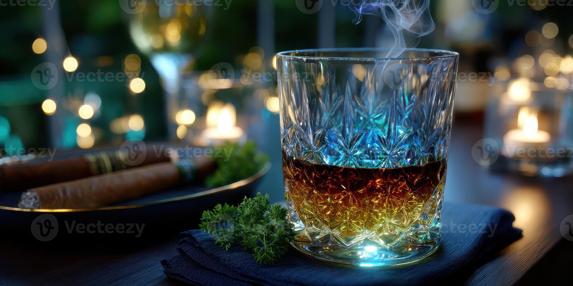 Warm glass of whiskey beside cigars and candles in cozy lounge atmosphere photo