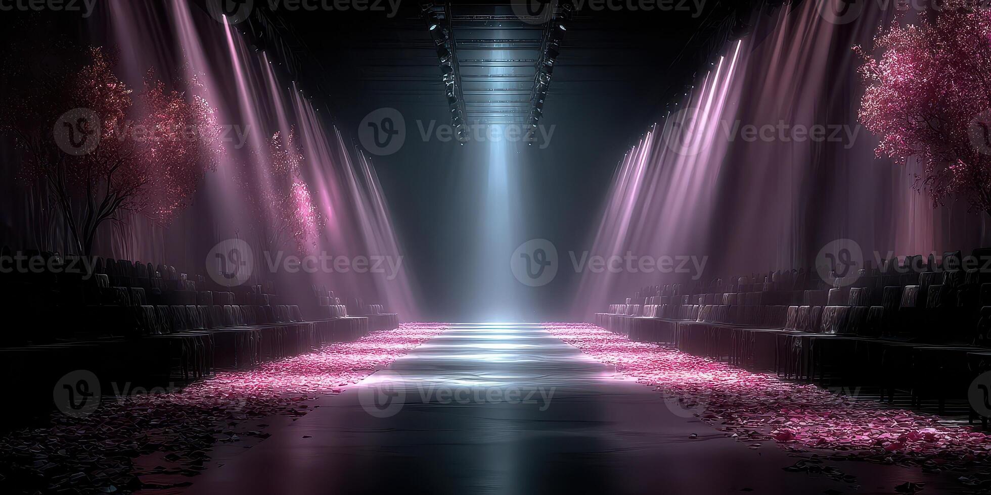 Elegant runway adorned with pink petals and soft light showcasing a fashion event in modern venue setting photo