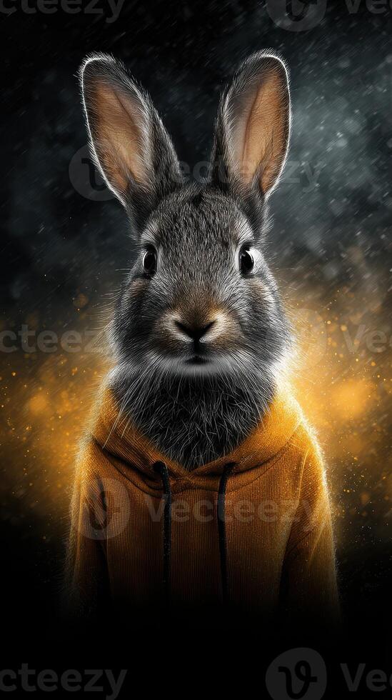 Rabbit in a hoodie standing confidently against a dramatic dark background with sparks and light photo