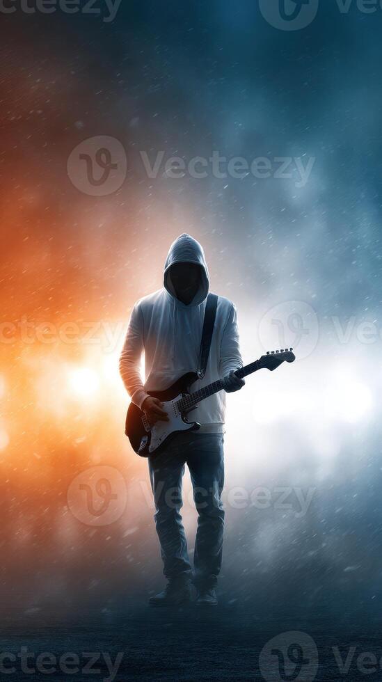 Unseen musician plays electric guitar amidst dynamic lighting and fog at a nighttime performance setting photo