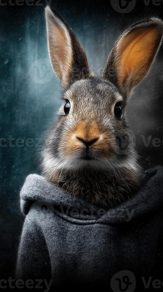 Rabbit wearing a hoodie in a dark setting with a mysterious background photo