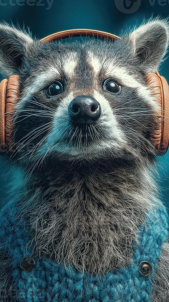 Raccoon wearing headphones and cozy sweater enjoys music in a colorful setting photo