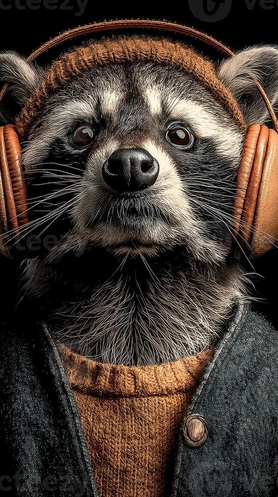 Raccoon wearing headphones and cozy clothing poses for a fun and quirky portrait photo