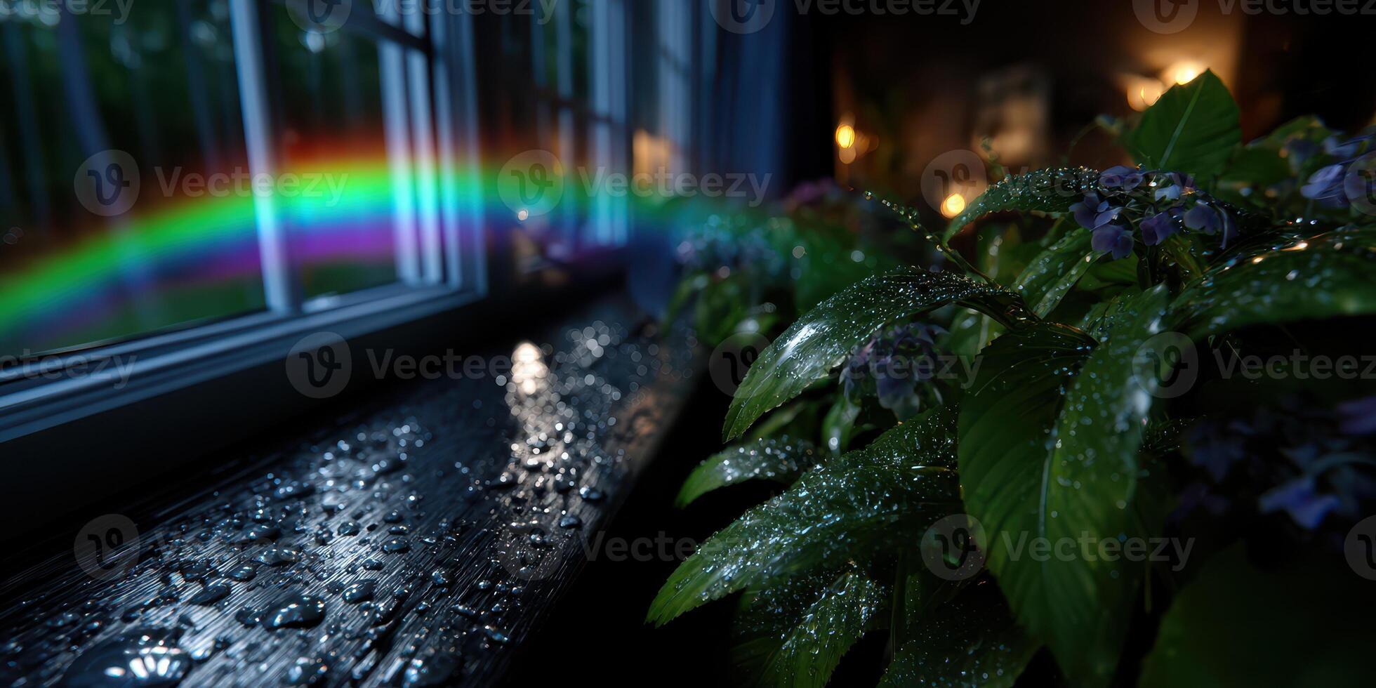 Raindrops on window sill reflect vibrant rainbow while lush greenery thrives in evening light photo
