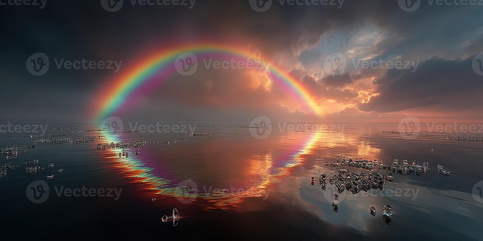 Vibrant rainbow arches over calm ocean waters at sunset, creating a stunning natural display photo