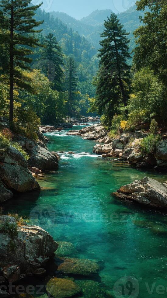 Scenic river flows through lush forest surrounded by mountains on a tranquil summer day photo