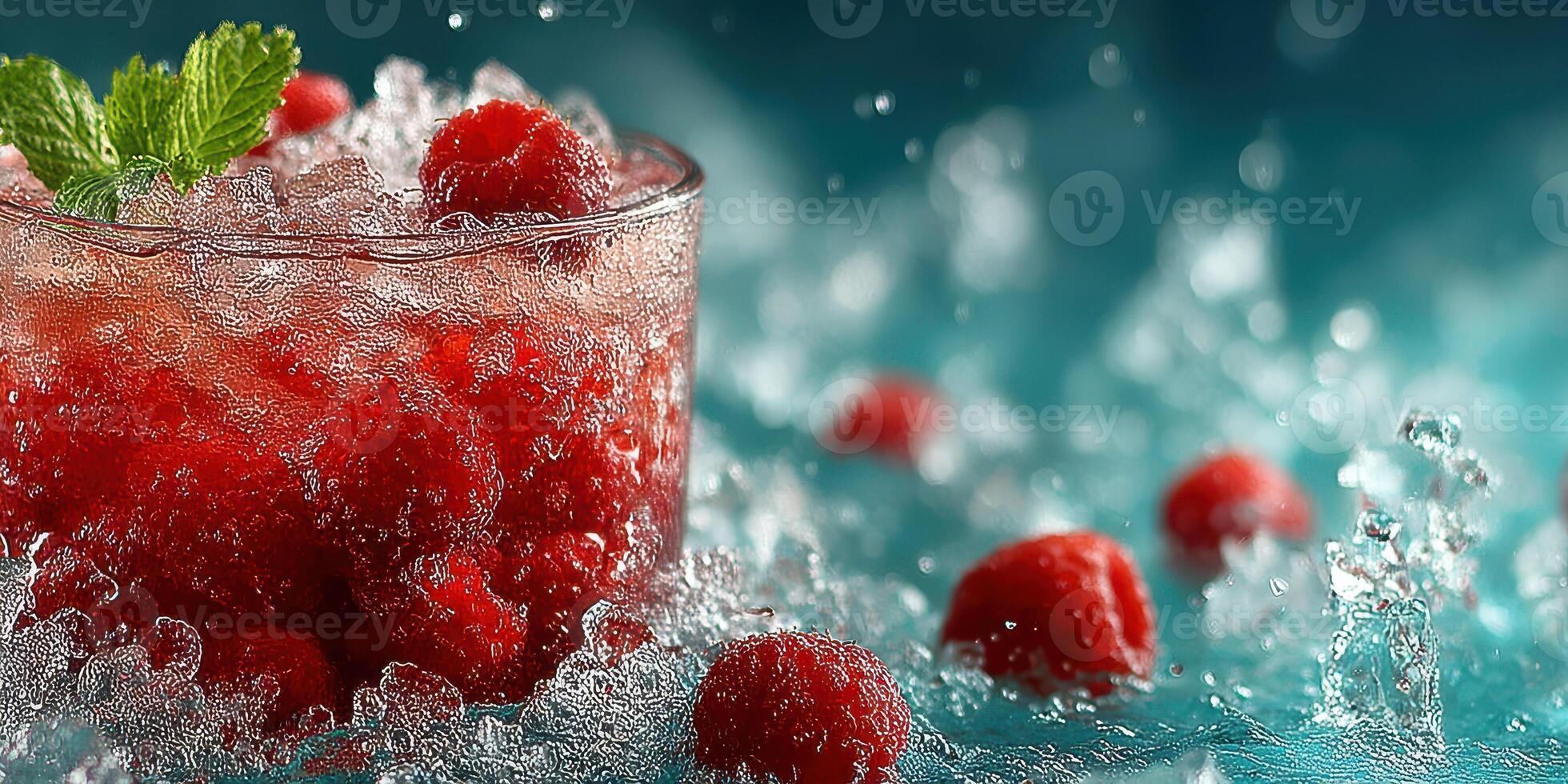 Refreshing raspberry drink with crushed ice served on a vibrant teal background photo