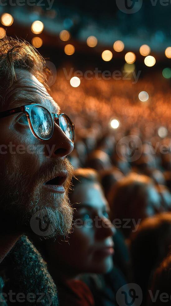 Audience captivated by a breathtaking performance in a lively concert at night with vibrant lighting effects photo