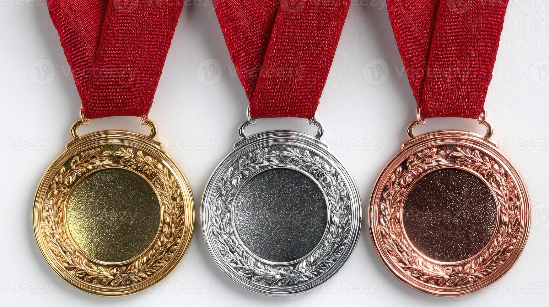 Gold silver and bronze medals with red ribbons showcasing achievement in sports or competitions photo