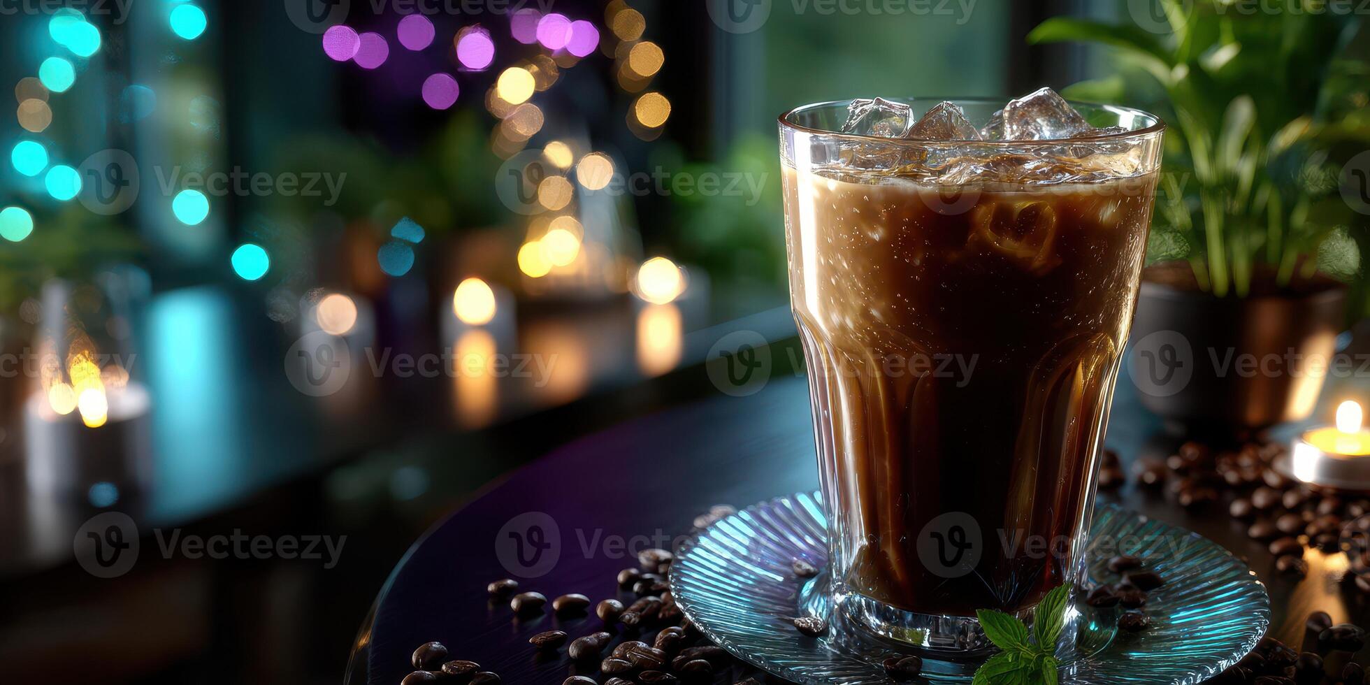 Refreshing iced coffee served in a glass with ice on a dimly lit table surrounded by decorative lights and plants photo