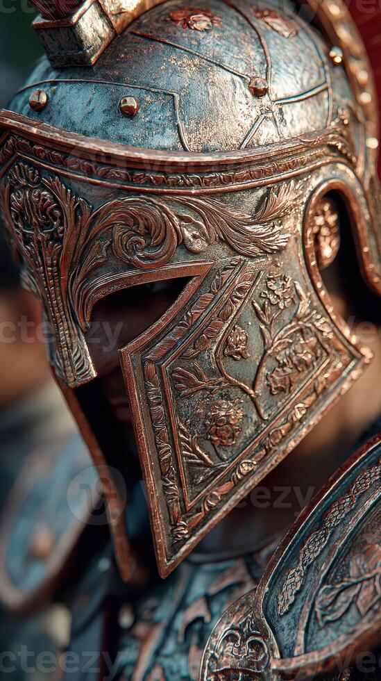 Intricate bronze armored warrior ready for battle during historic reenactment in ancient city setting at dawn photo