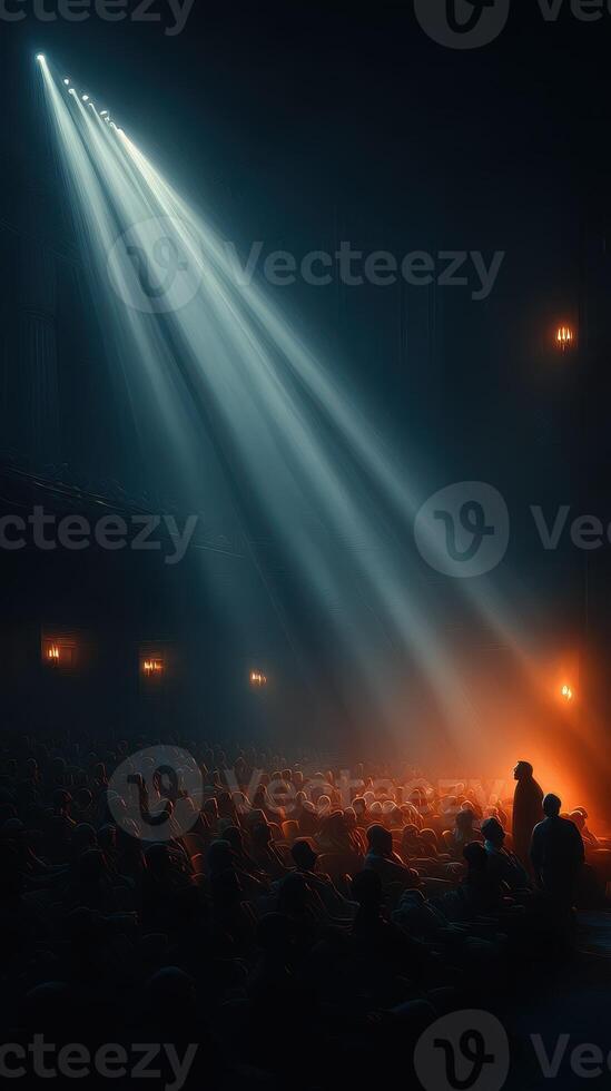 Crowd gathered in dimly lit theater with beams of light during an evening performance in a historic venue photo