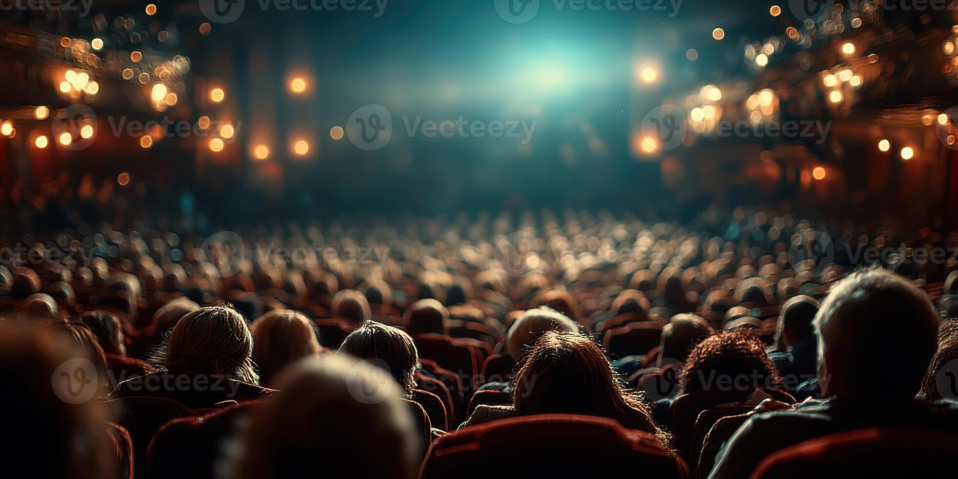 Audience watches performance in a grand theater illuminated by warm lights during an evening show photo