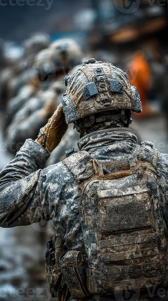 Soldiers in winter uniform prepare for deployment in a snowy environment, demonstrating resilience and strength photo