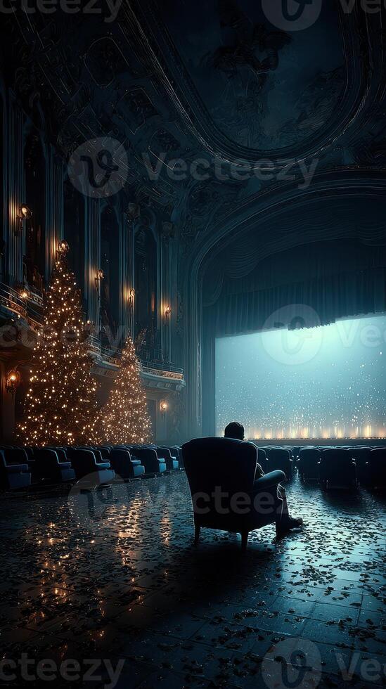 Empty theater with Christmas trees and a solitary figure reflecting on the stage during a quiet winter evening photo