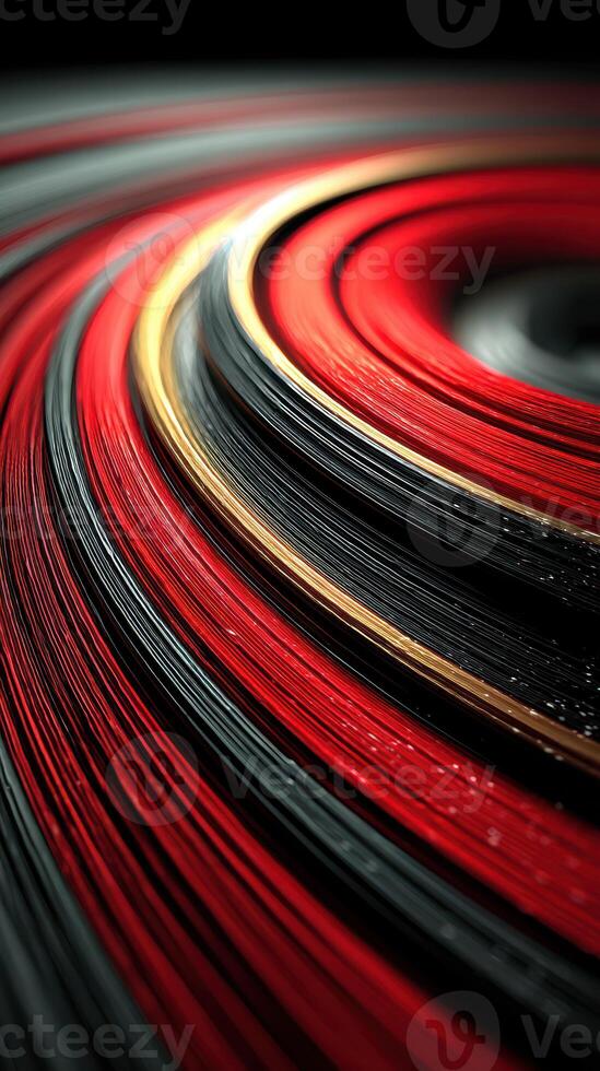 Curved strands of red, black, and gold materials create an abstract visual display with dynamic movement photo