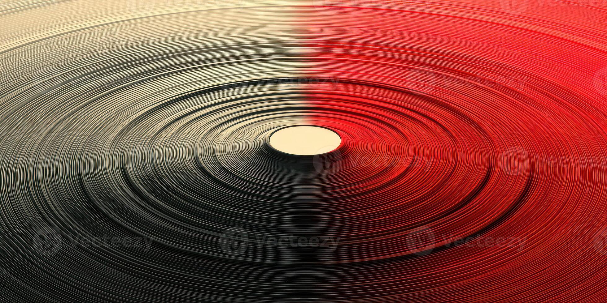 Swirling patterns of a vinyl record showcasing black and red colors with a central label during a close-up view photo