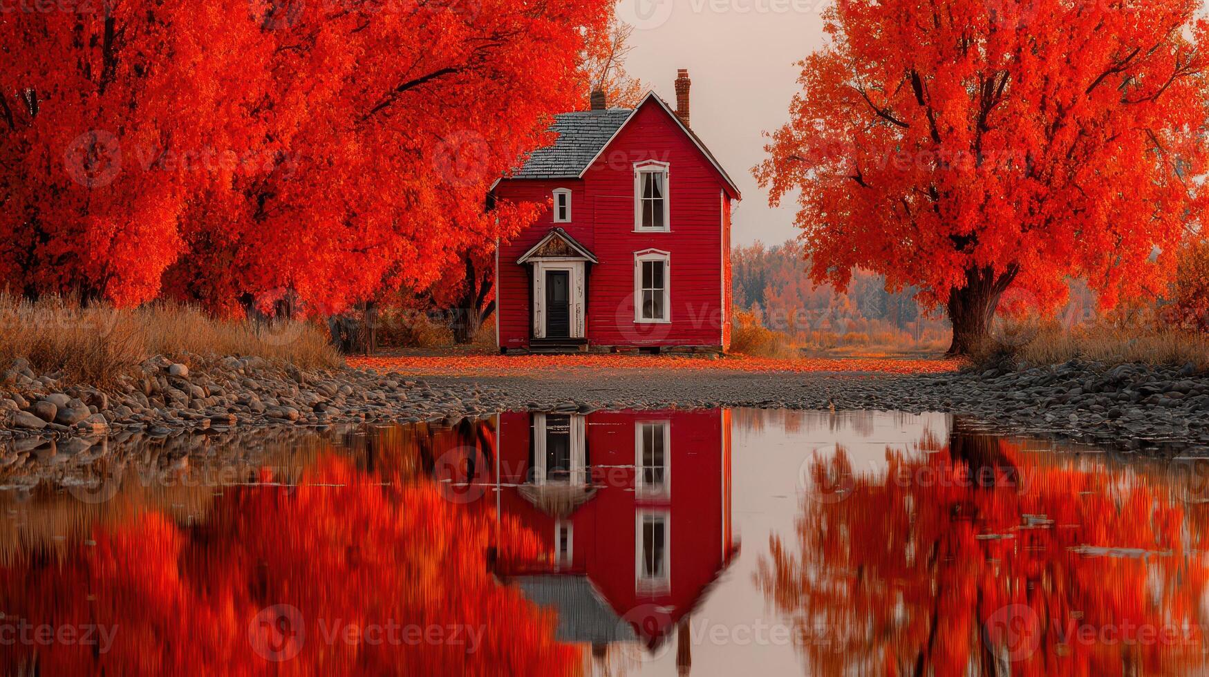 Beautiful red house surrounded by vibrant trees and reflections in still water during autumn photo