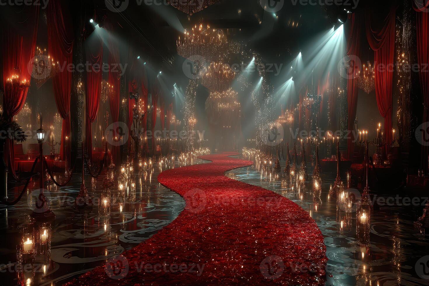 Elegant ballroom with red carpet, chandeliers, and candlelight creating a dramatic atmosphere for a formal event photo