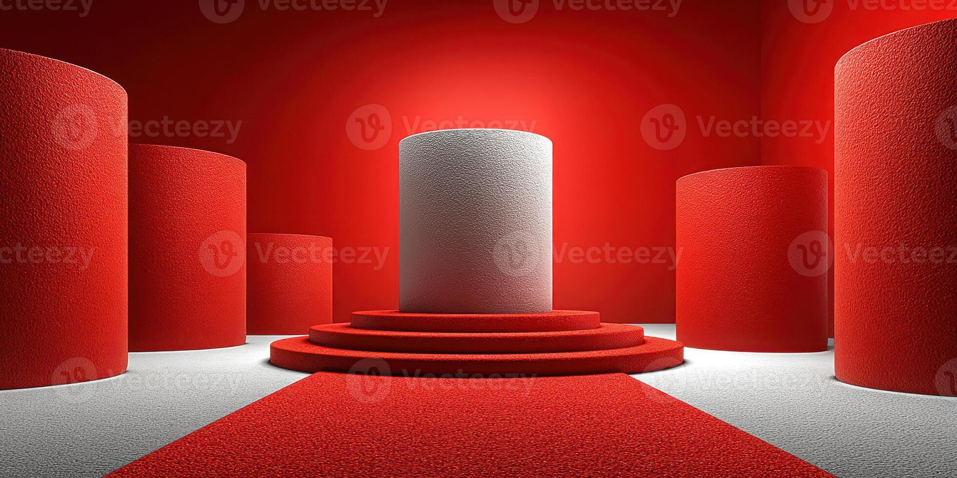Elevated platform surrounded by red and gray cylindrical structures in a modern design space photo