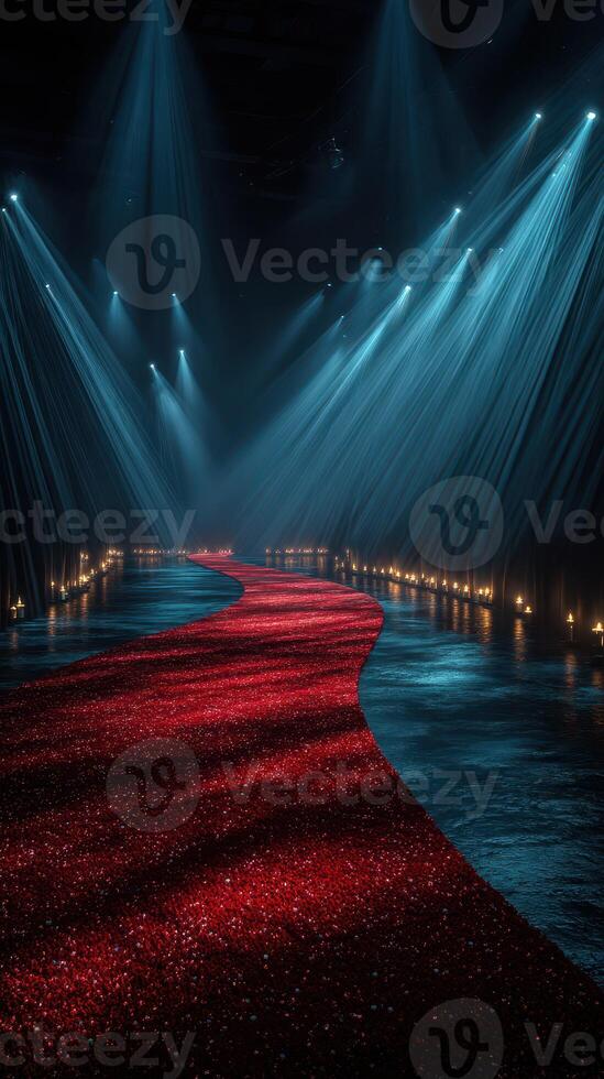 Elegant red carpet runway illuminated by dramatic lighting in a spacious venue during a high-profile event at night photo