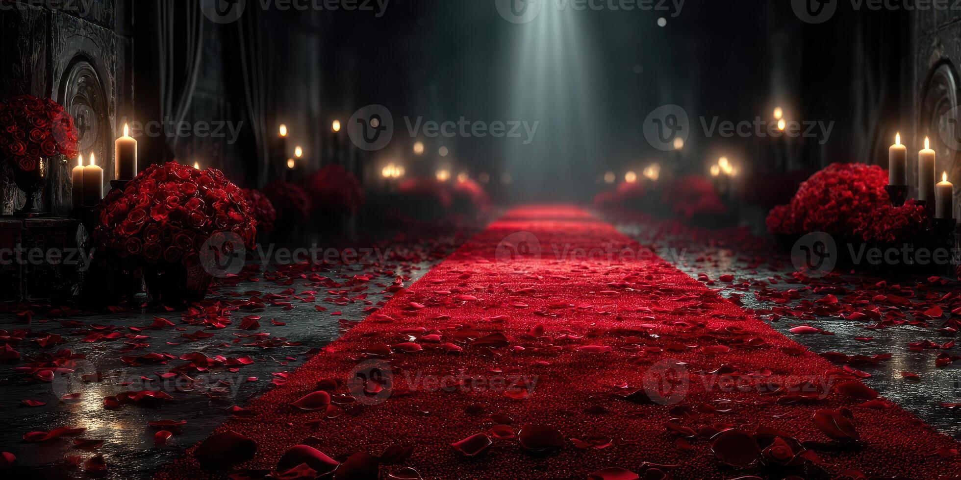 Romantic pathway adorned with red roses and candles leading through a dimly lit venue during a special event photo