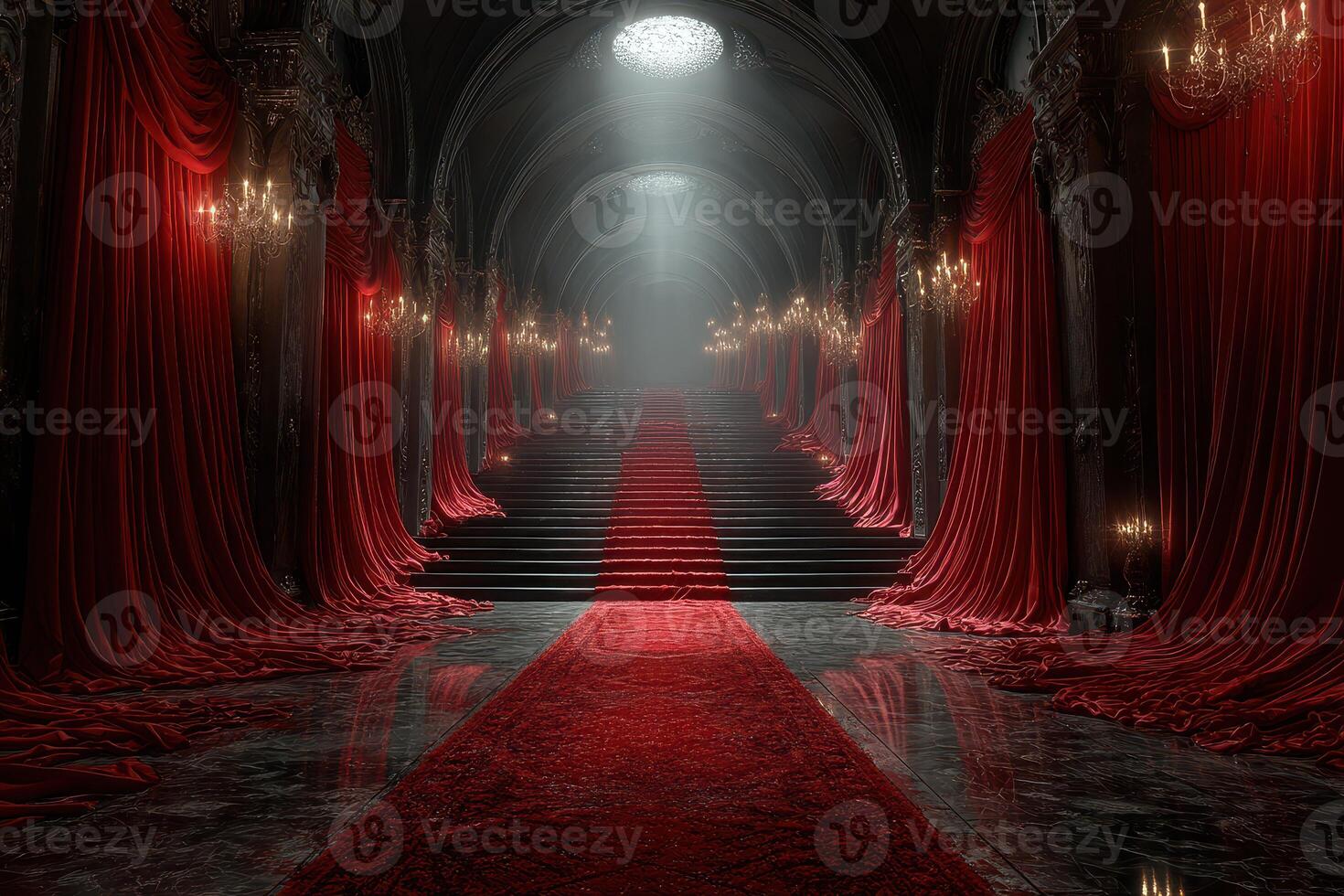 Grand staircase adorned with rich red drapes and crystal chandeliers in a dimly lit hall photo
