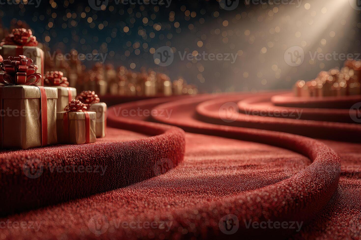 Festive red carpet pathway adorned with gift boxes and warm ambient lighting during a celebration event photo