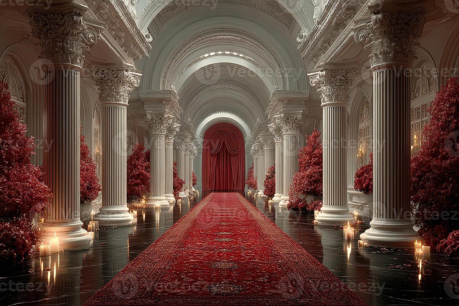Elegant corridor with red carpet and decorative trees creating a grand atmosphere for a special event at twilight photo