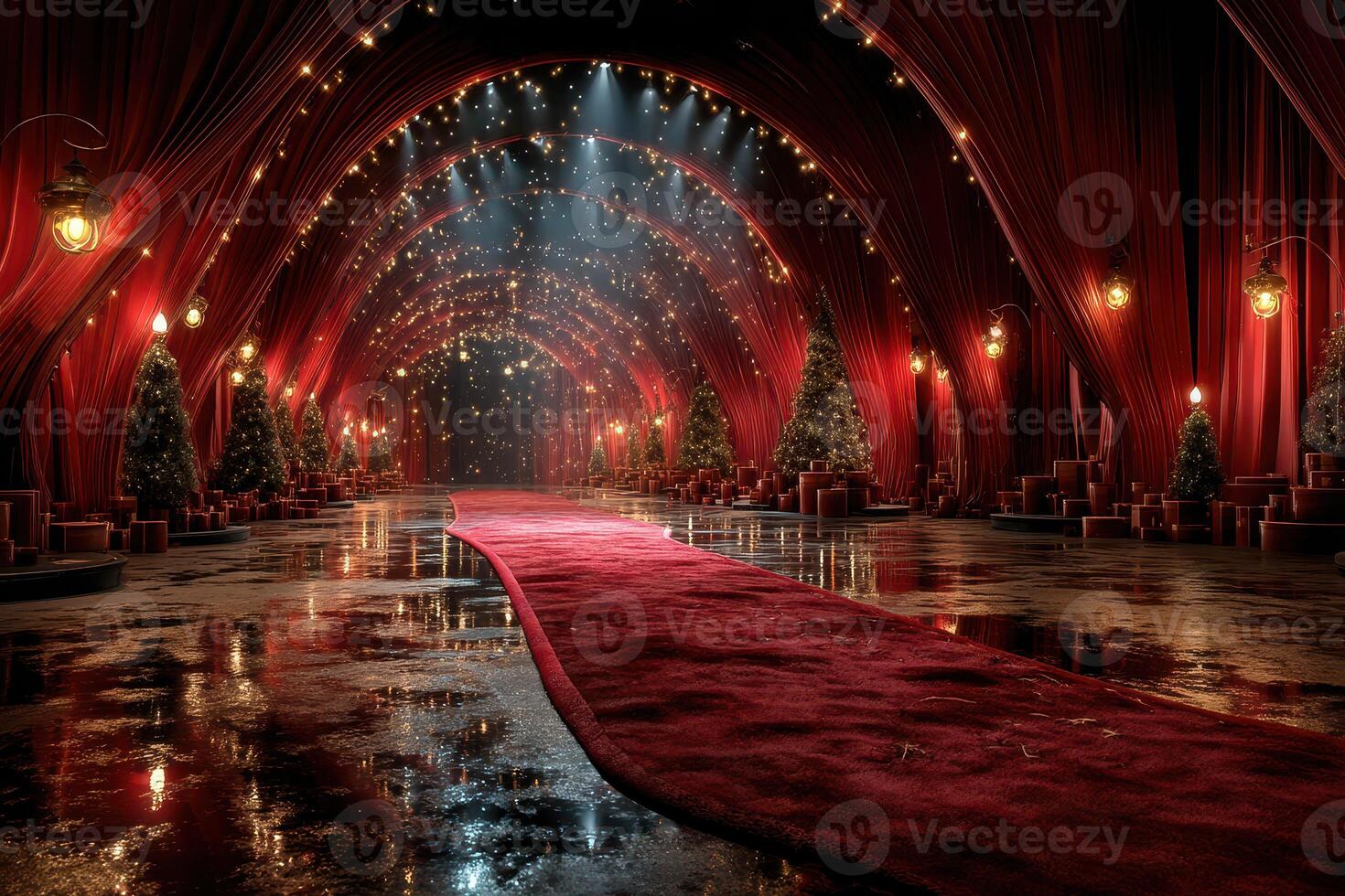 Elegant holiday pathway lined with trees and gifts under soft lighting in festive decor photo