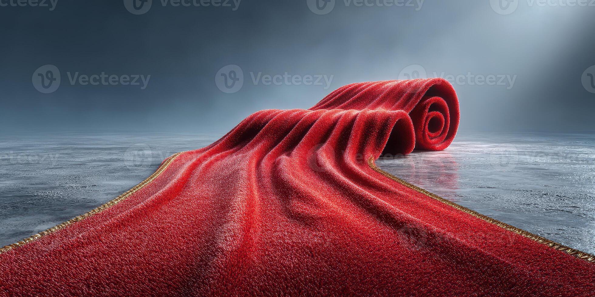 Bright red rolled carpet lies on a smooth surface under dramatic lighting in a minimalist setting showcasing elegance and style photo