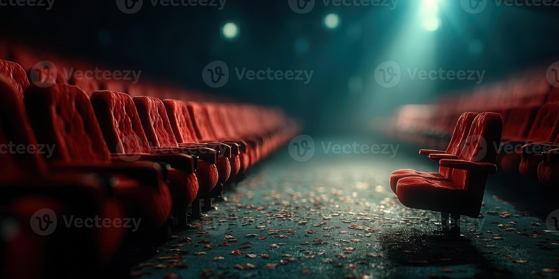 Empty red chairs in a dimly lit theater create a melancholic atmosphere for an upcoming show photo