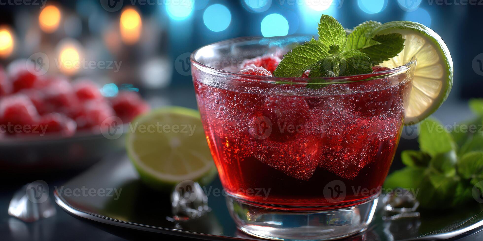 Refreshing raspberry soda with mint and lime served in a glass on a dark table with blurred background lights photo