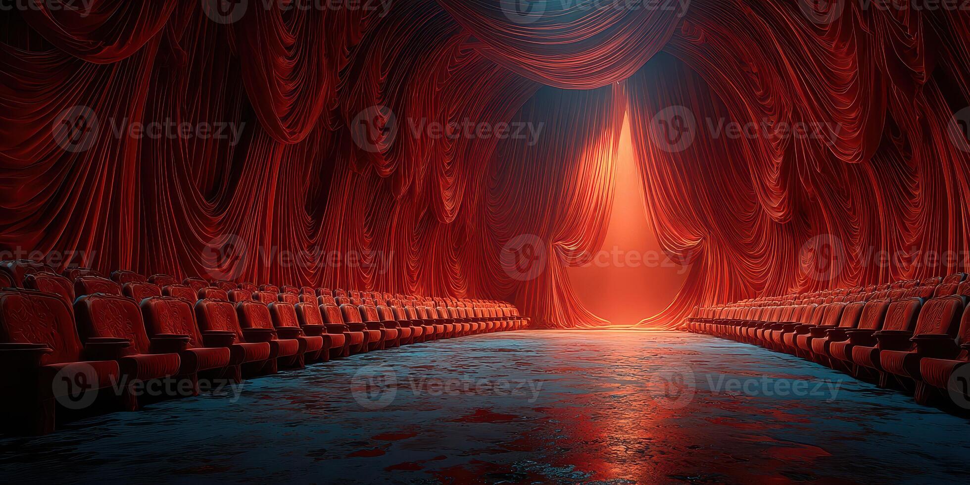 Vibrant red theater space with empty seats and illuminated curtains during a dramatic lighting display photo