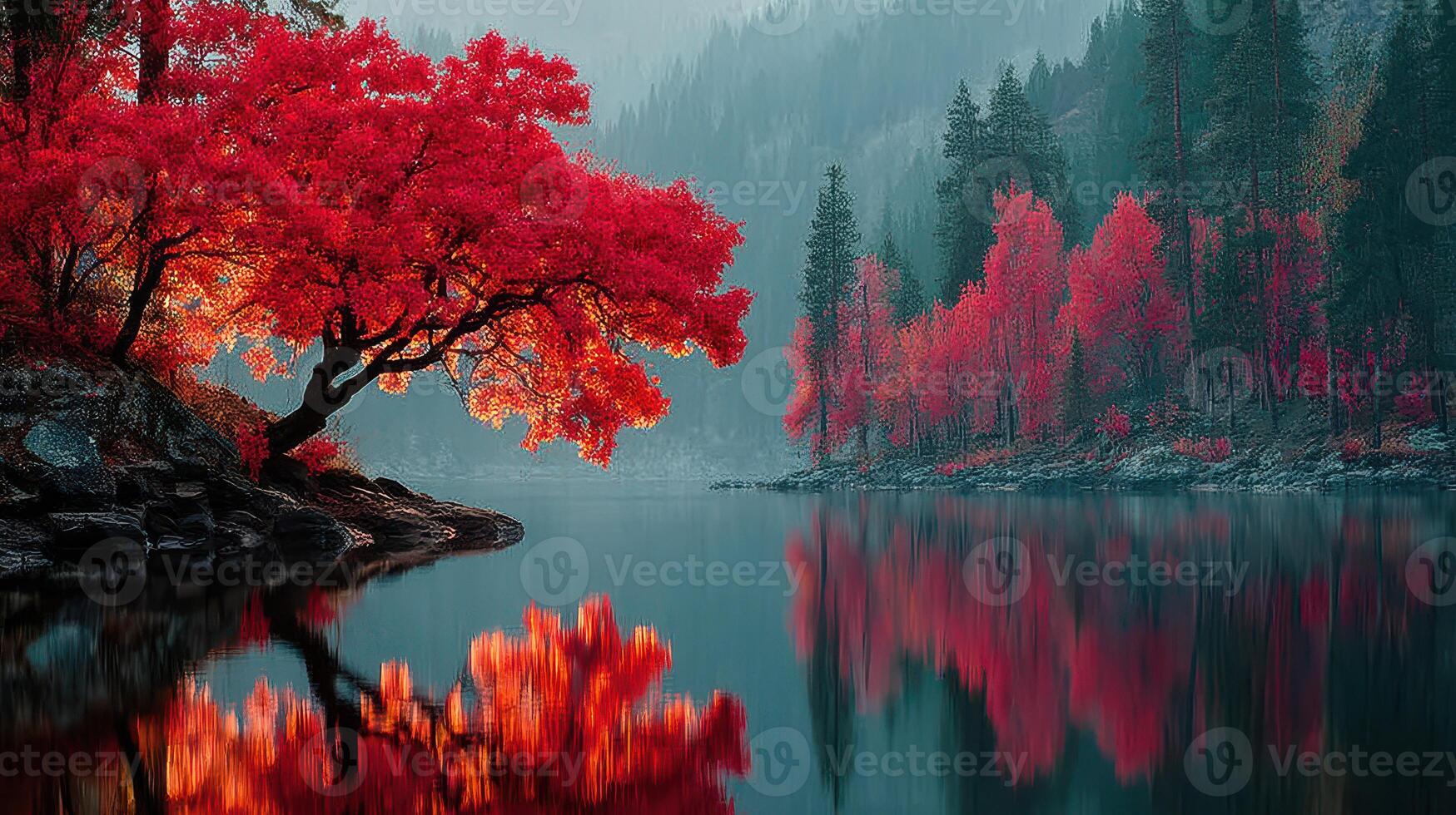 Stunning reflection of vibrant autumn foliage along a tranquil lake at dawn in a mountainous landscape photo