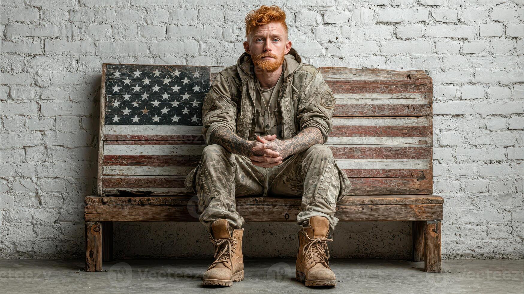 Veteran poses on rustic bench featuring American flag in urban setting with a serious expression photo